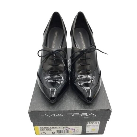 Via Spiga Ramble Black Patent Italian Leather Pointed Toe Lace Up Booties Heels - Picture 2 of 5